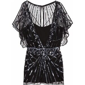 Temperley London Black Sequin Embellished Flutter Sleeve V Neck Top UK14 US10